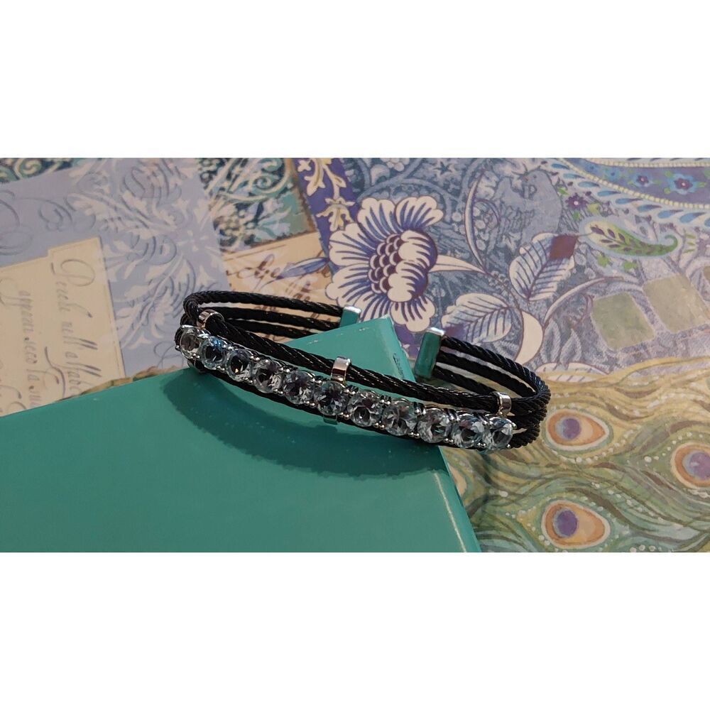 Gorgeous Artisan 5.8 Carat Round Sky Blue Topaz Black Cable Rope Cuff Bracelet